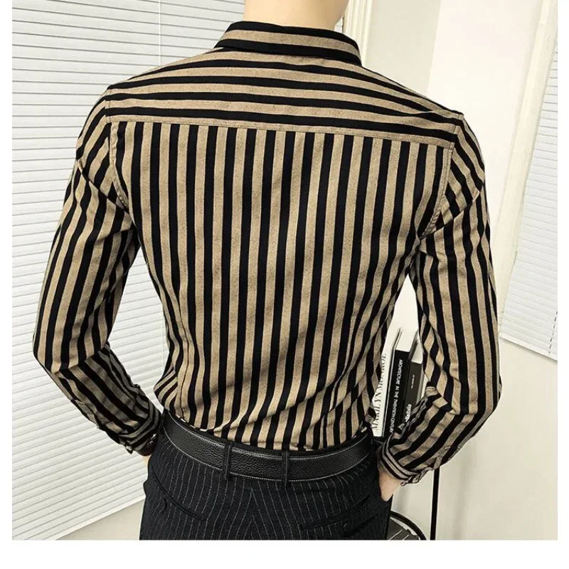 

2023 New Spring and Autumn Korean Edition Handsome Trendy Polo Stripe Print Casual Fit Versatile Men's Oversized Inch Shirt