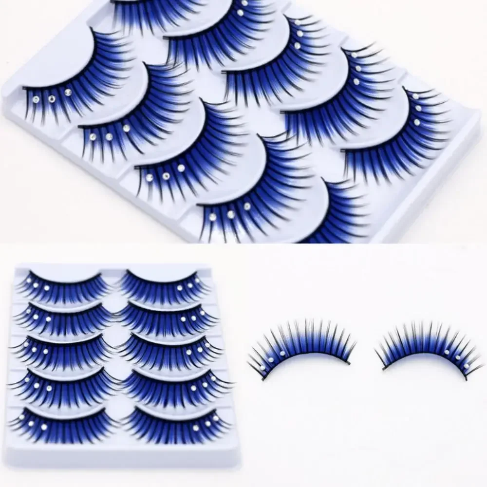 Hermoso con tres diamantes pestañas azules exageradas coloridas pestañas de escenario escena de maquillaje pestañas postizas naturales mujeres