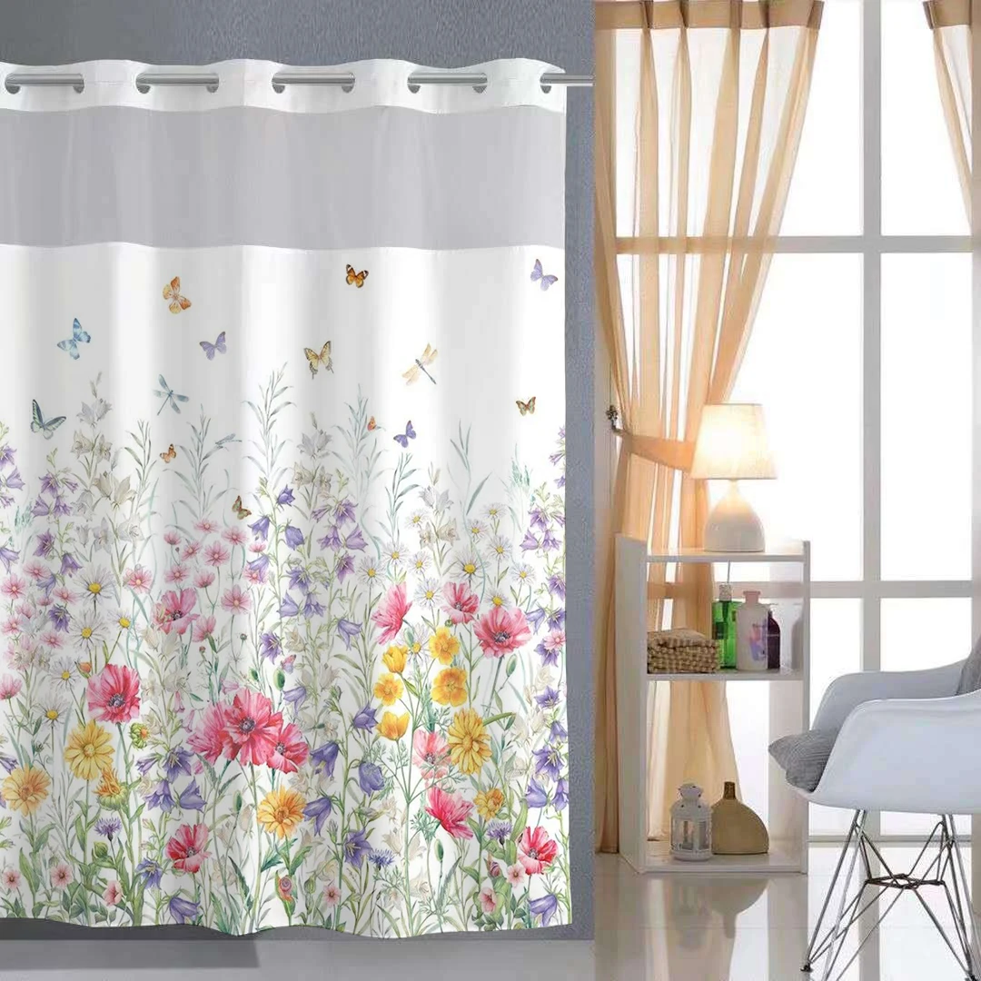 

No Hook floral and butterfly Shower Curtain With Snap-in Fabric Liner, Sheer Top Window, Waterproof Double Layer Bathtub curtain