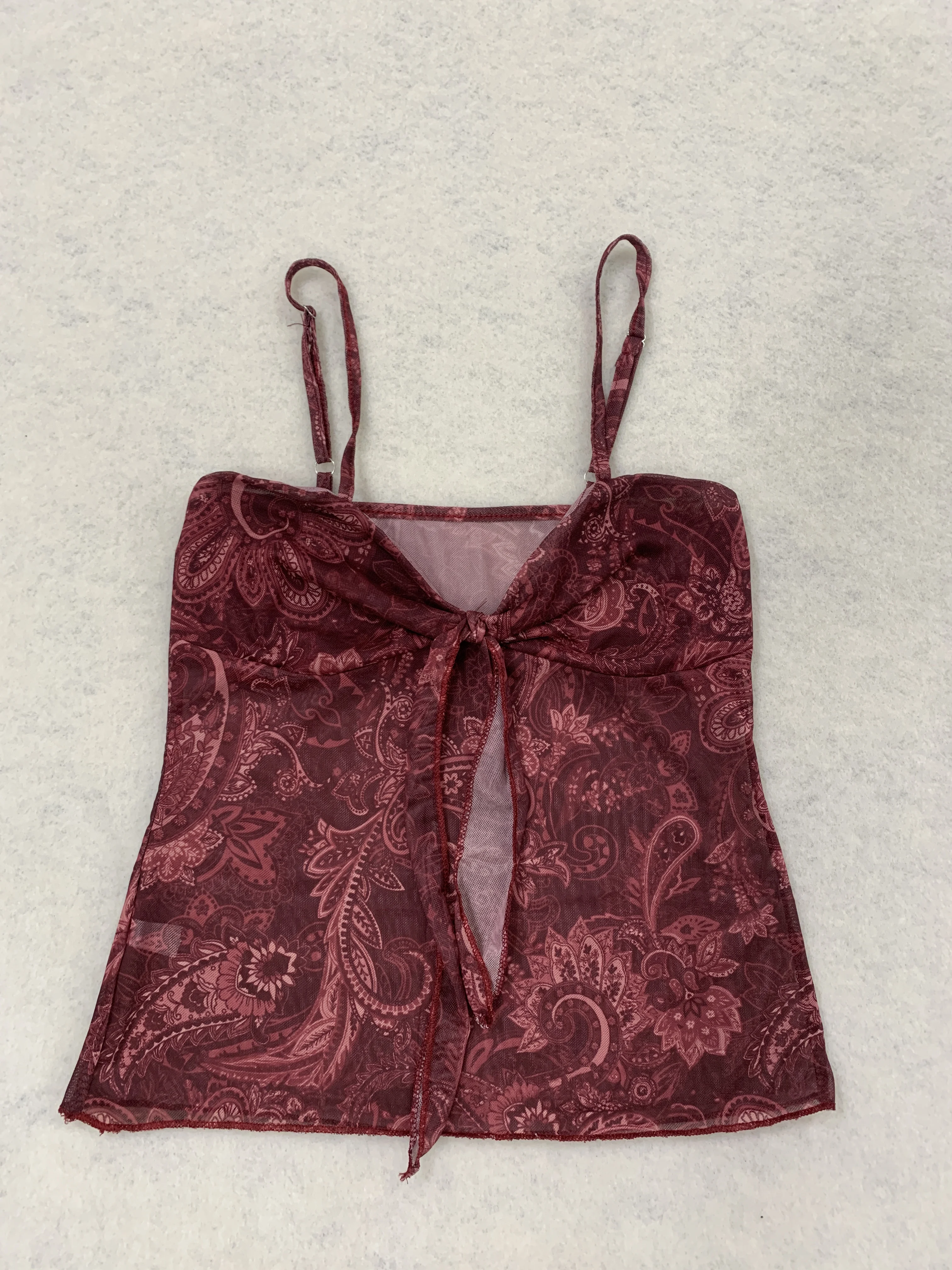 Women Wine Red Paisley Print Mesh Camisole Knot Front Cut Out Adjustable Strap Slim Tank Top