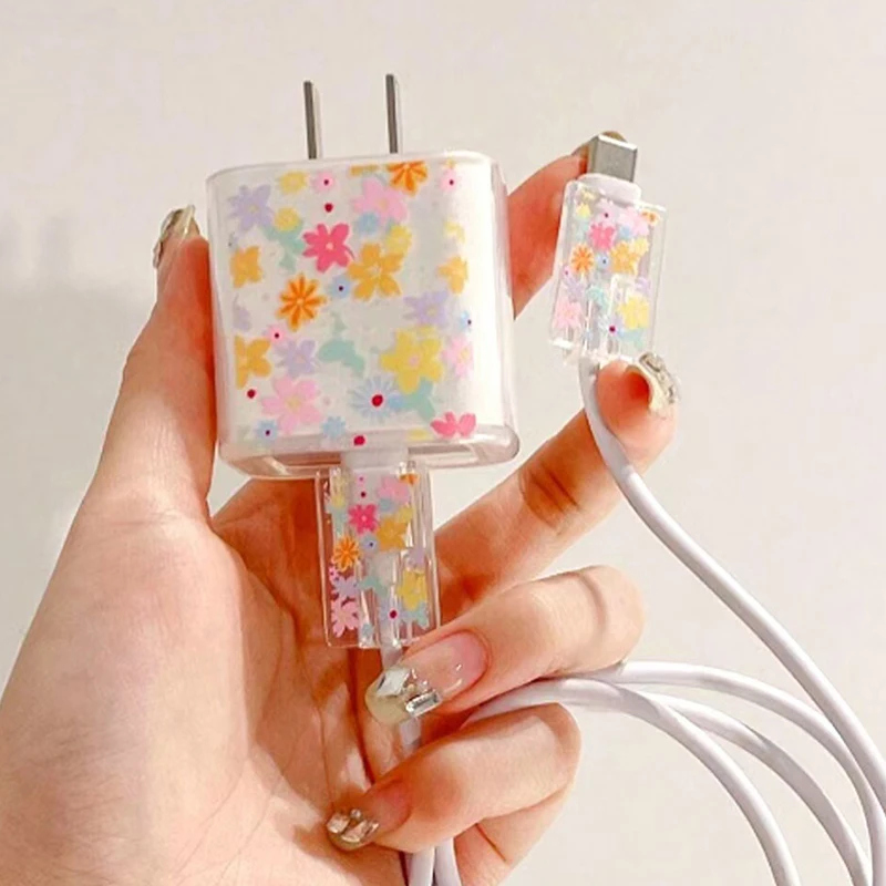 【Happy】Transparent Flowers For 18/20w Charger Protective Case Is Applicable To 16/15/14/13 Data Cable Head Bite Protector Shell