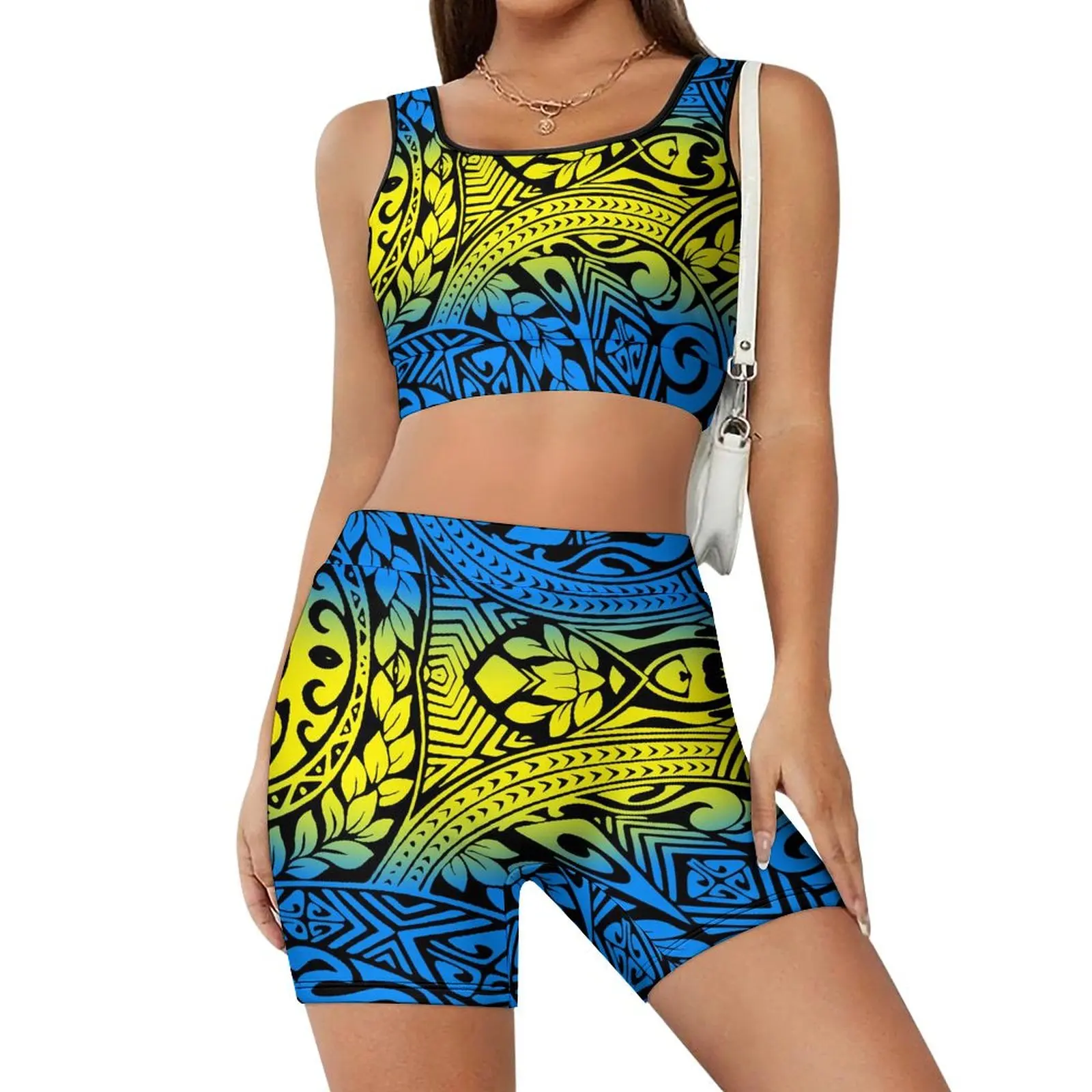 Retro Ethnic Tribe Design Yoga Two-Piece Set Polynesian Yoga Set Summer Women's Yoga Set Custom Cycling Bodysuit Custom