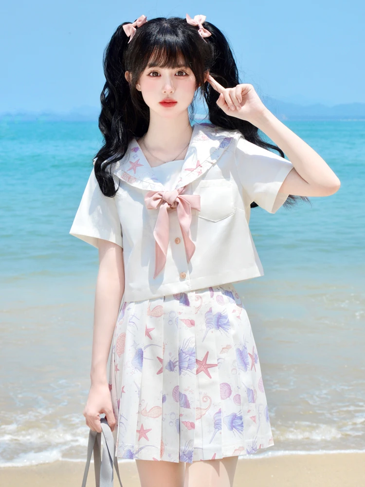 

Sea's Daughter Set Academy Style JK Uniform Set Summer Lolita Sailor Suit Sweet Loli Top Half Skirt Set Beach Vacation