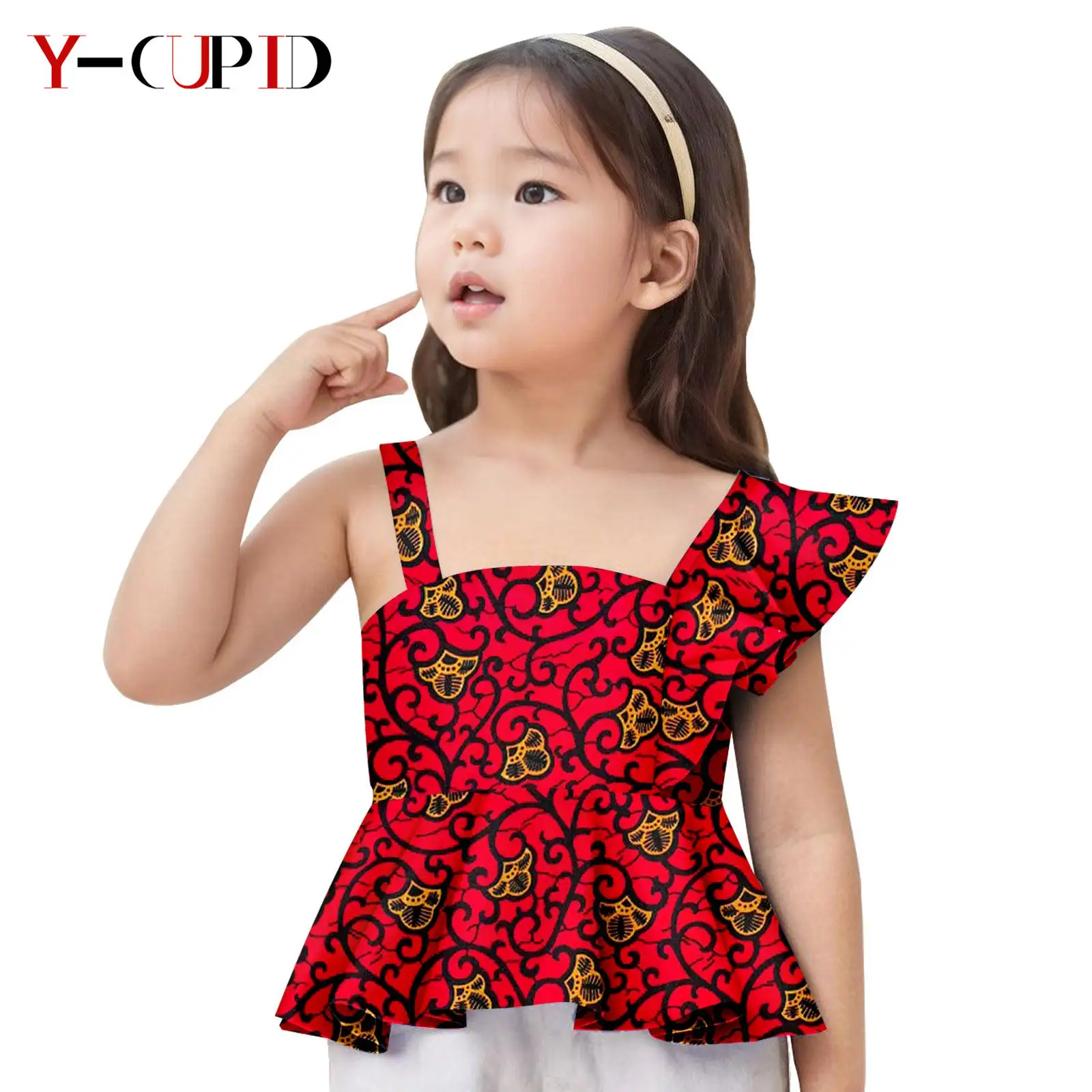 African Clothes for Kids Girls Ankara Print Irregular Sleeves Ruffles Crop Top Bazin Riche Summer Girl Children Outfits 2442001