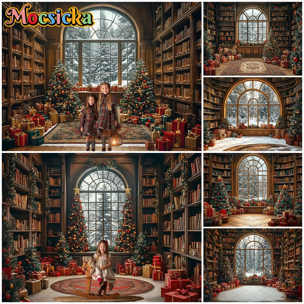 

Mocsicka Christmas Bookshelf Background Photography Winter Room Study Xmas Tree Decors Baby Adult Photo Backdrop Festival Banner