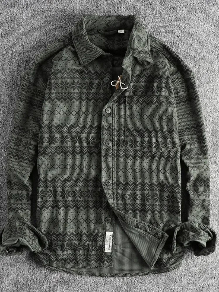 

Waed Corduroy Long Sve Men's irt Vintage Totem Print Casual Loose Fit Breathable Youthful Sle Spring Autumn Wear