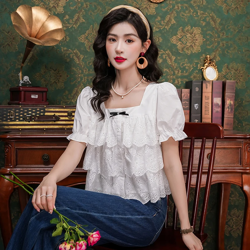 2024 Summer New Korean Edition Ruffle Edge Fashion Small Bow Top Women's T-shirt Short Sleeve