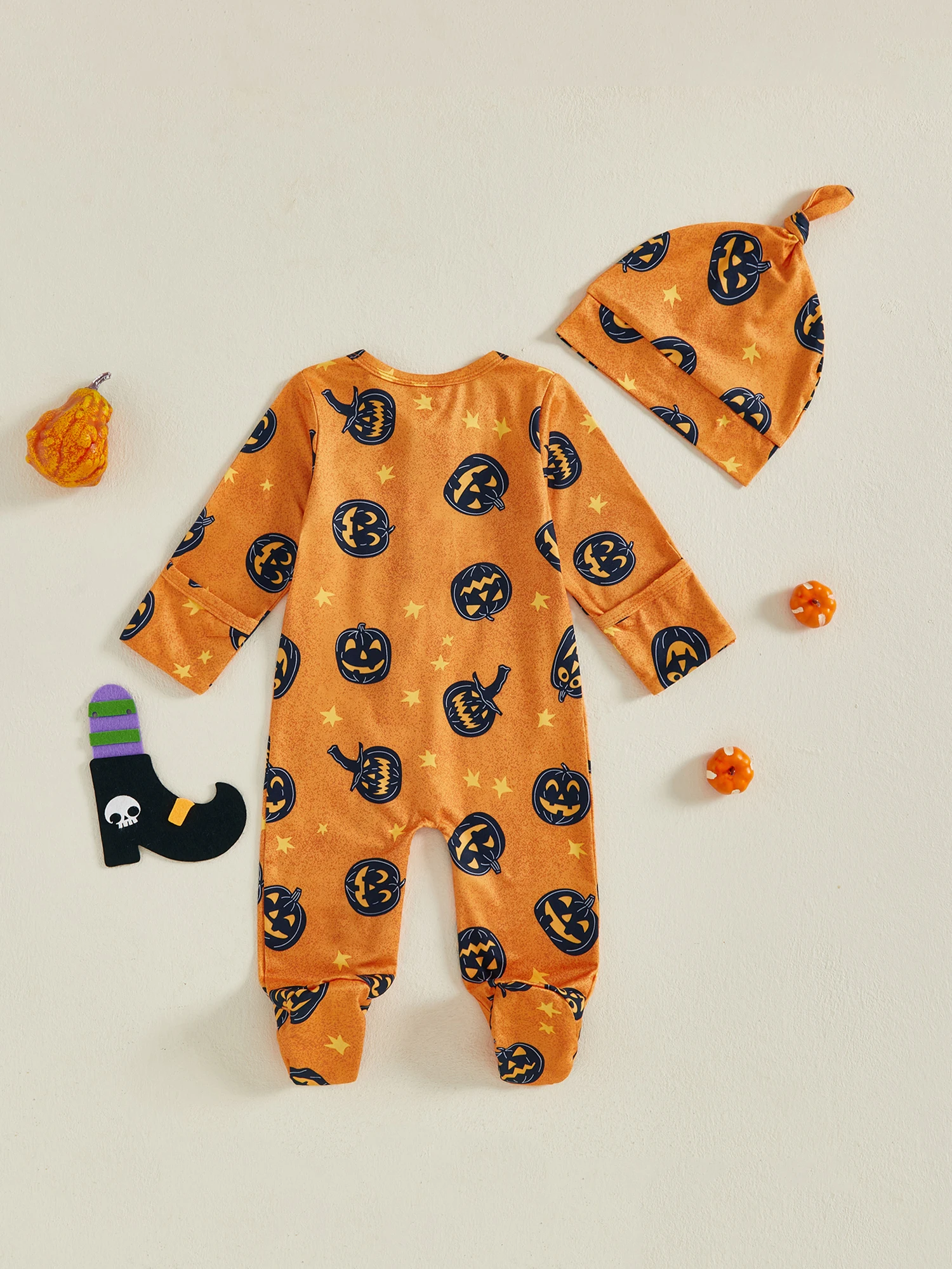 

Комбинезон на Хэллоуин для маленьких мальчиков с принтом призраков, комбинезон на молнии с длинными рукавами и круглым вырезом, шляпа, комплект из 2 предметов для жуткого развлечения