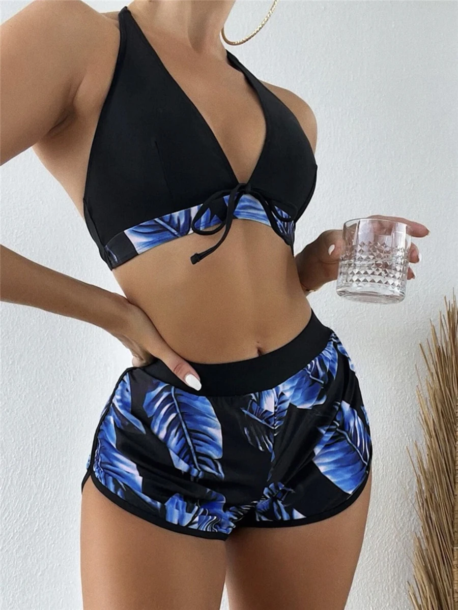 3 Pieces Swimsuit Women Sexy Halter Bikini High Waist Leaf Printed Swimwear Female Padded Bathing Suit Swimming Beachwear Summer