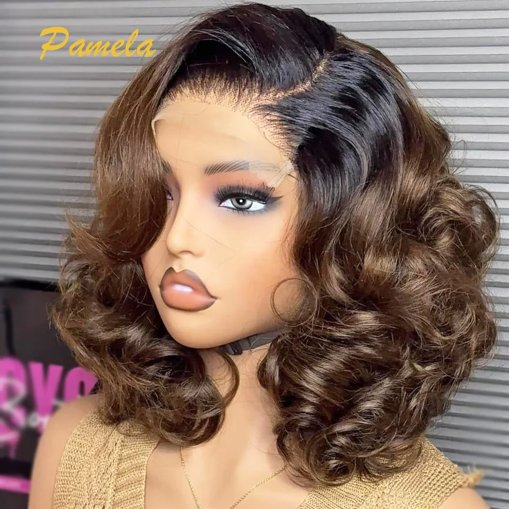 

Ombre 1b/4 Blonde Short Bob Glueless Human Hair Wigs 4x4 5x5 Transparent Lace Closure Wigs Brown Loose Deep Wave Bob For Women