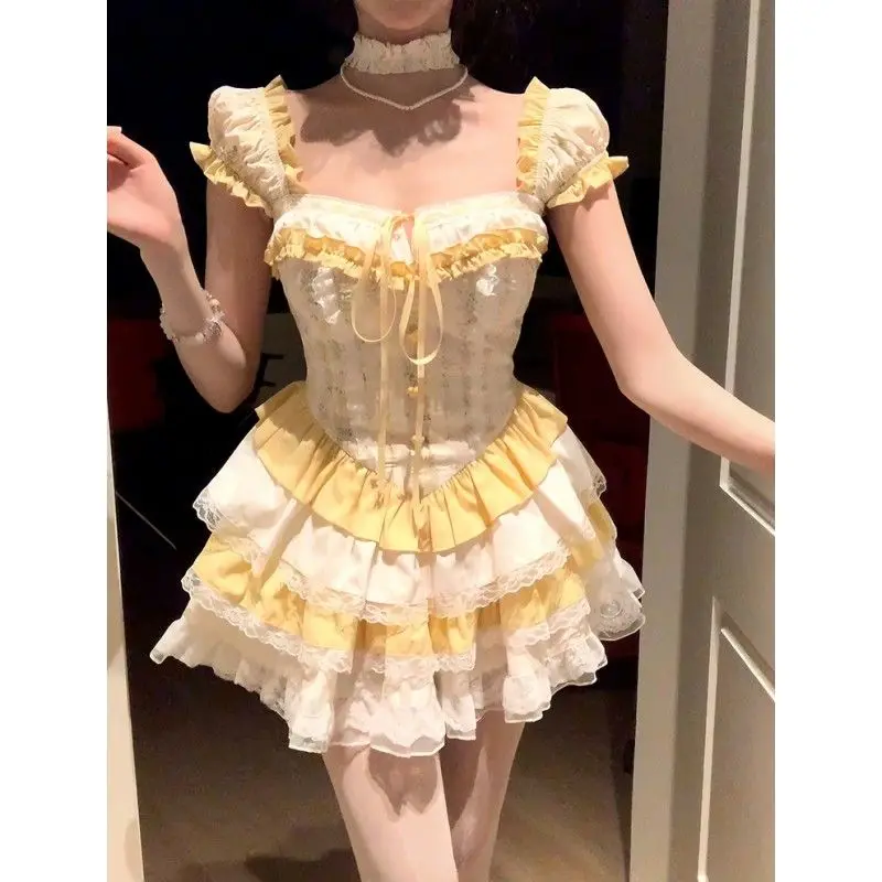 Japan Sweet Lolita Party Mini Dress Women Kawaii Y2k Lace Ruffles Puff Sleeve Slim Princess Dress Female High Waist Dresses