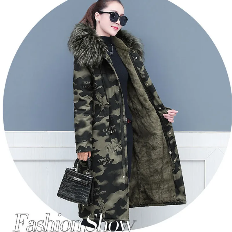 Pai Overcome Women\'s Autumn Winter Plus Size Cotton-Padded Jacket\'s Long Coat 2024 New Over-The-Knee Velvet Thickened Camouflage