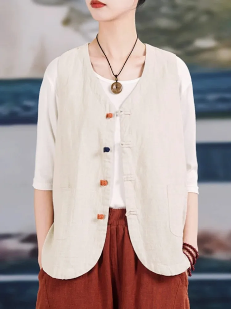 

Ретро китайский хлопковый льняной жилет на пуговицах, женская весенняя верхняя одежда с v-образным вырезом, облегающий топ без рукавов, чистый цвет