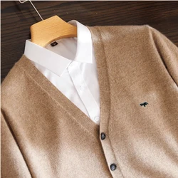 Cardigan en laine à col en V monochrome pour hommes, pull en cachemire épais, manteau décontracté pour documents, chaud, automne, hiver