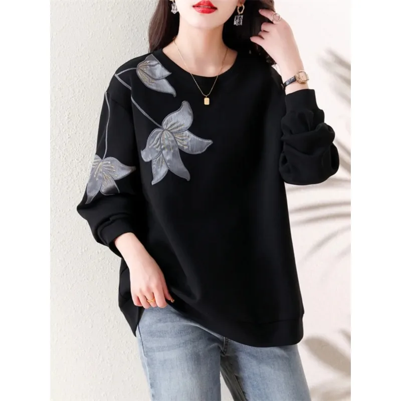 Women's Black Loose Sweatshirt 3D Floral Embroidery Silver & Gold Thread Decor Mid-Length Casual Long Sleeve Top