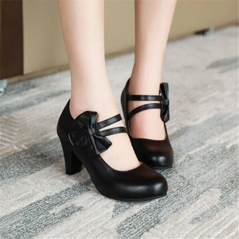 Girls Princess Shoes Woman High Heels Pink White Black Bowtie Ladies Strap Fashion Heel Pumps Party Wedding Shoes Big Size 34-43