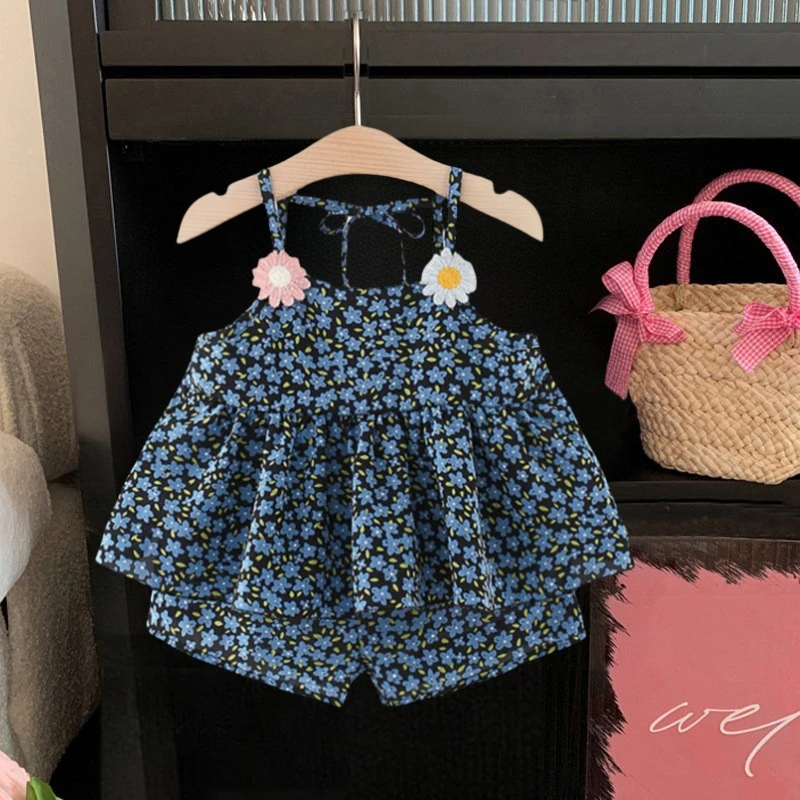 Toddler Girl Summer Clothes Set Flower Sling Shirt with Floral Shorts Fashion Kids Clothes