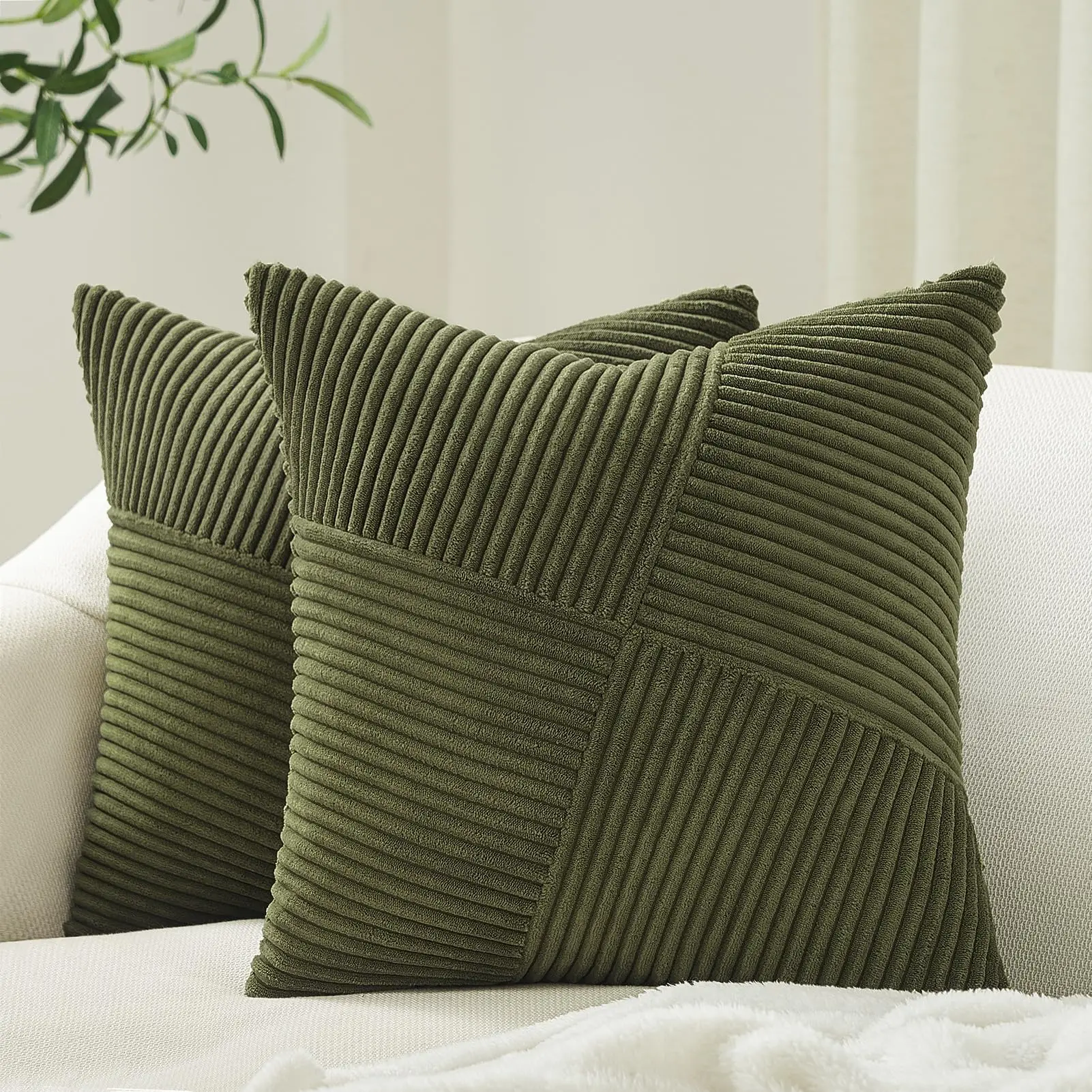 

Throw Pillow Covers Set of 2 for Couch Bed Sofa,Boho Aesthetic Decor,Soft Corduroy Striped Patchwork Textured Cushion Cases