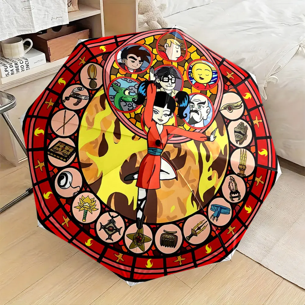Vibrant Red Circle with Characters & Symbols Design Compact Fashion Folding Umbrella for Daily Use, Christmas Gift