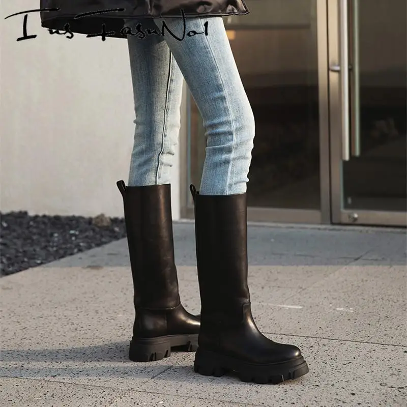 Genuine Leather Women Knee High Boots Flat Platform Long Boots Ladies Slip On Thick Sole Punk Shoes Ladies Riding Botas 2022AW