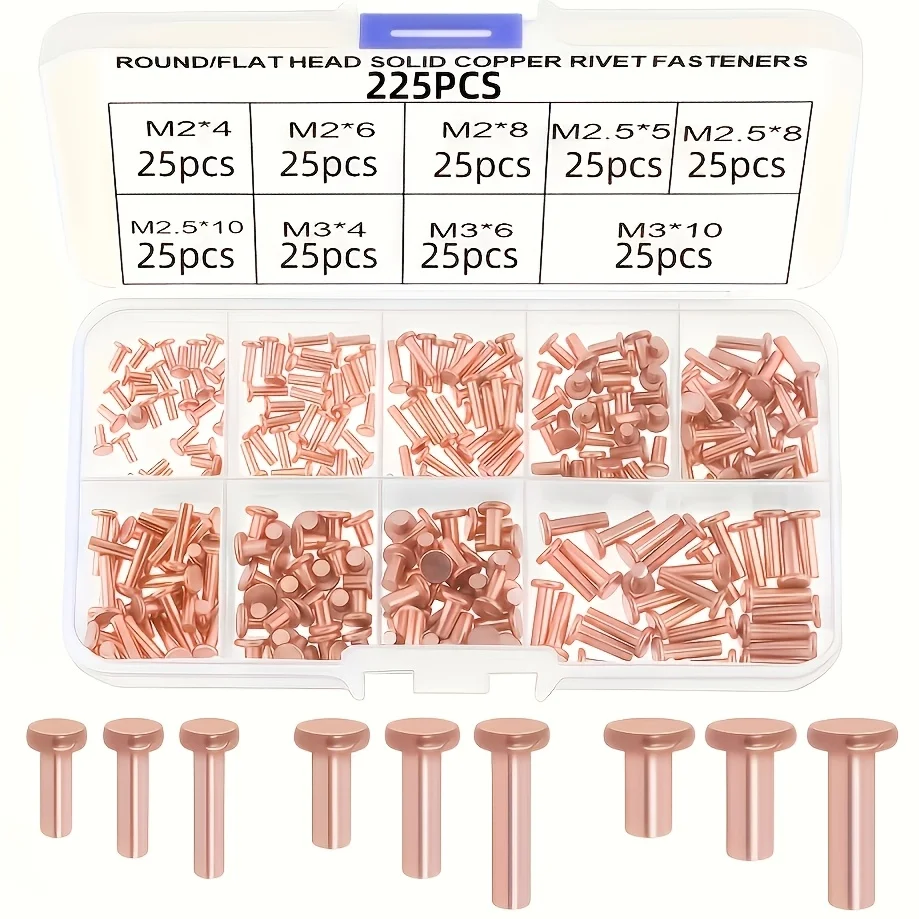 Solid Copper Rivet Set - 225pcs Flat Head or Round Head, Various Sizes M2x4/6/8, M2.5x5/8/10, M3x4/6/10 - Perfect for Faux Leather Crafts and DIY Projects