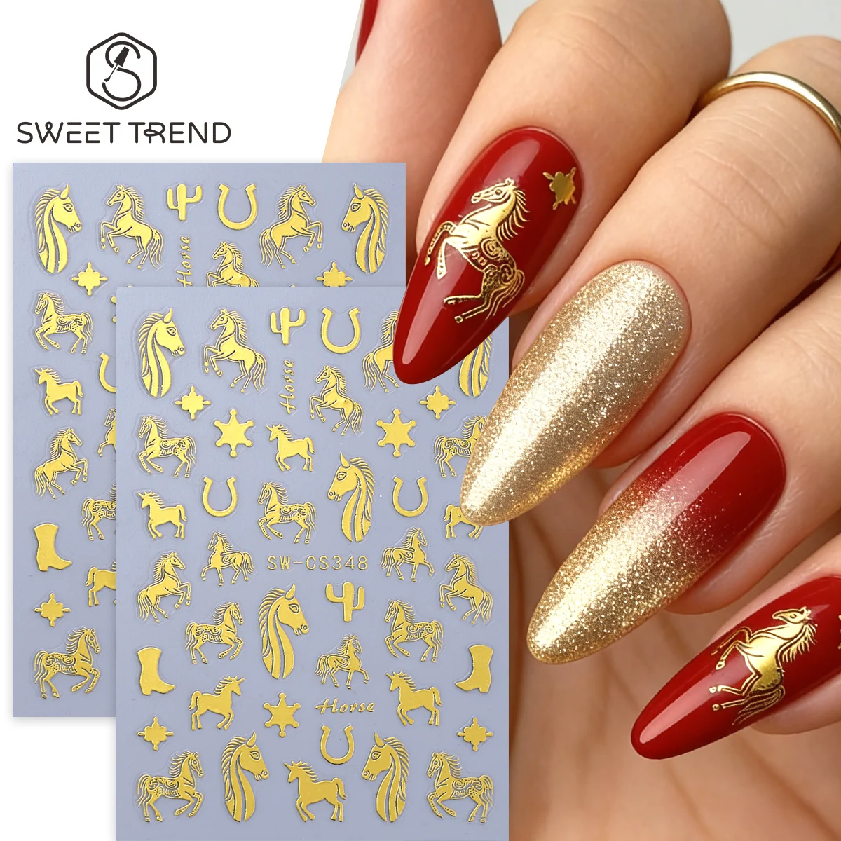 2pcs Bronzing Horse Nail Stickers Horseshoe Cactus Design Decals Spring Festival Theme Chinese New Year 3D Foils Wraps Manicure