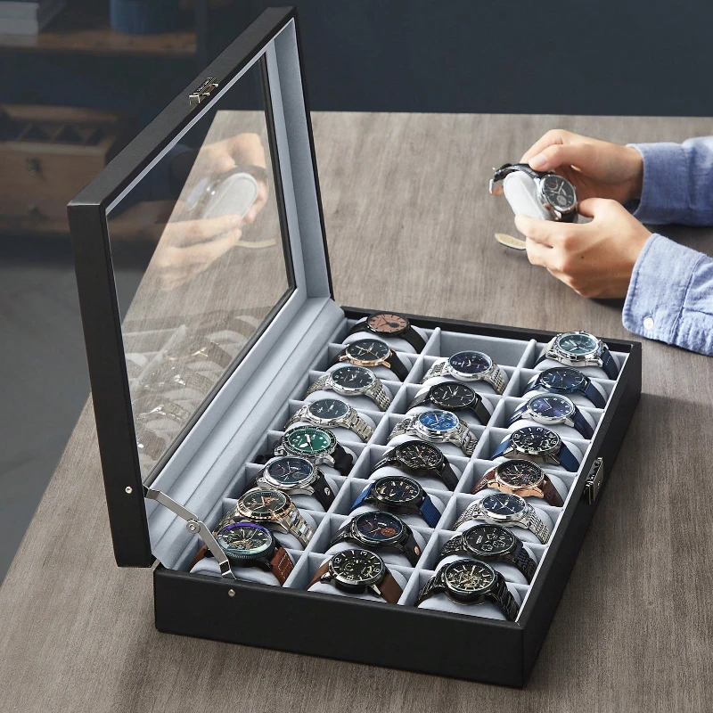 Lockable 24 Slot Watch Storage Box with Glass Top, Premium Watch Display Case with Removable Cushions & Key Lock, Black Faux Leather Watch Organizer for Men, Ideal Gift for Husband Dad