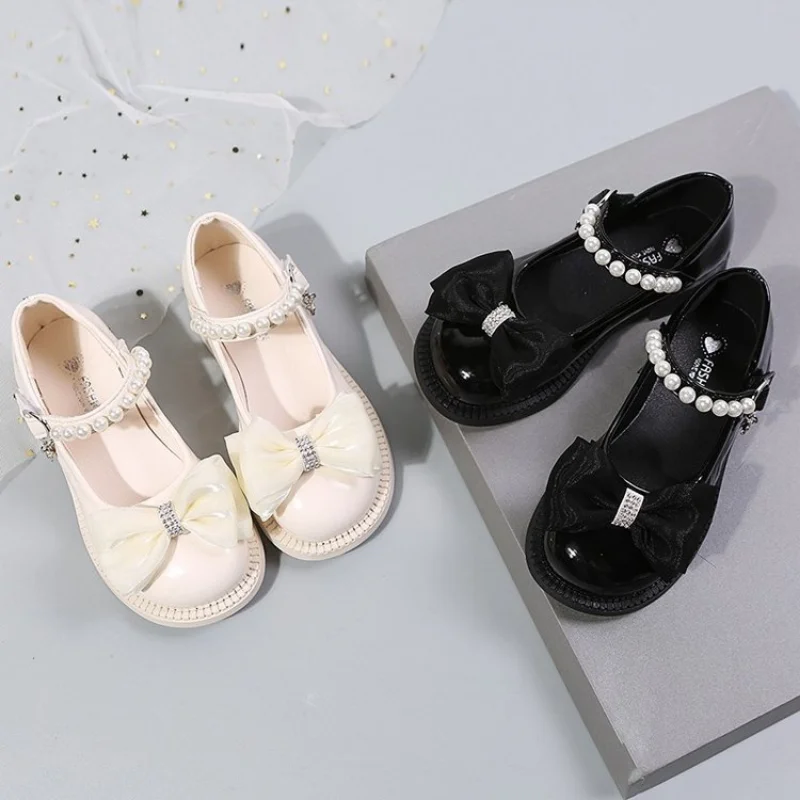 26-37 bow Children Leather Shoes Fashion Patent Leather Girl\'s Flat Shoes Black beige School pearl Kids Princess Mary Janes Shoe