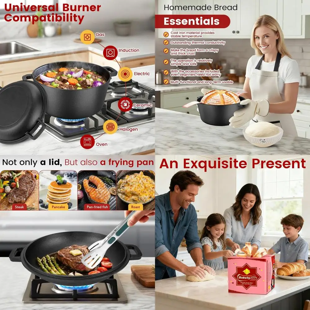 

Cast Iron Dutch Oven for Sourdough Bread Baking, Includes Skillet Lid, Proofing Basket, and Lame, Perfect for Braising, Frying,