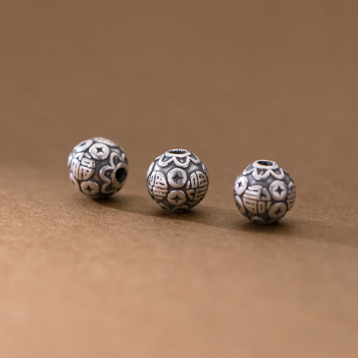 1pc/lot 999 Pure Silver Chinese Good Luck Pattern Loose Beads 8.5mm Handmade Lucky Silver Beads Spacer DIY Fine Jewelry Making