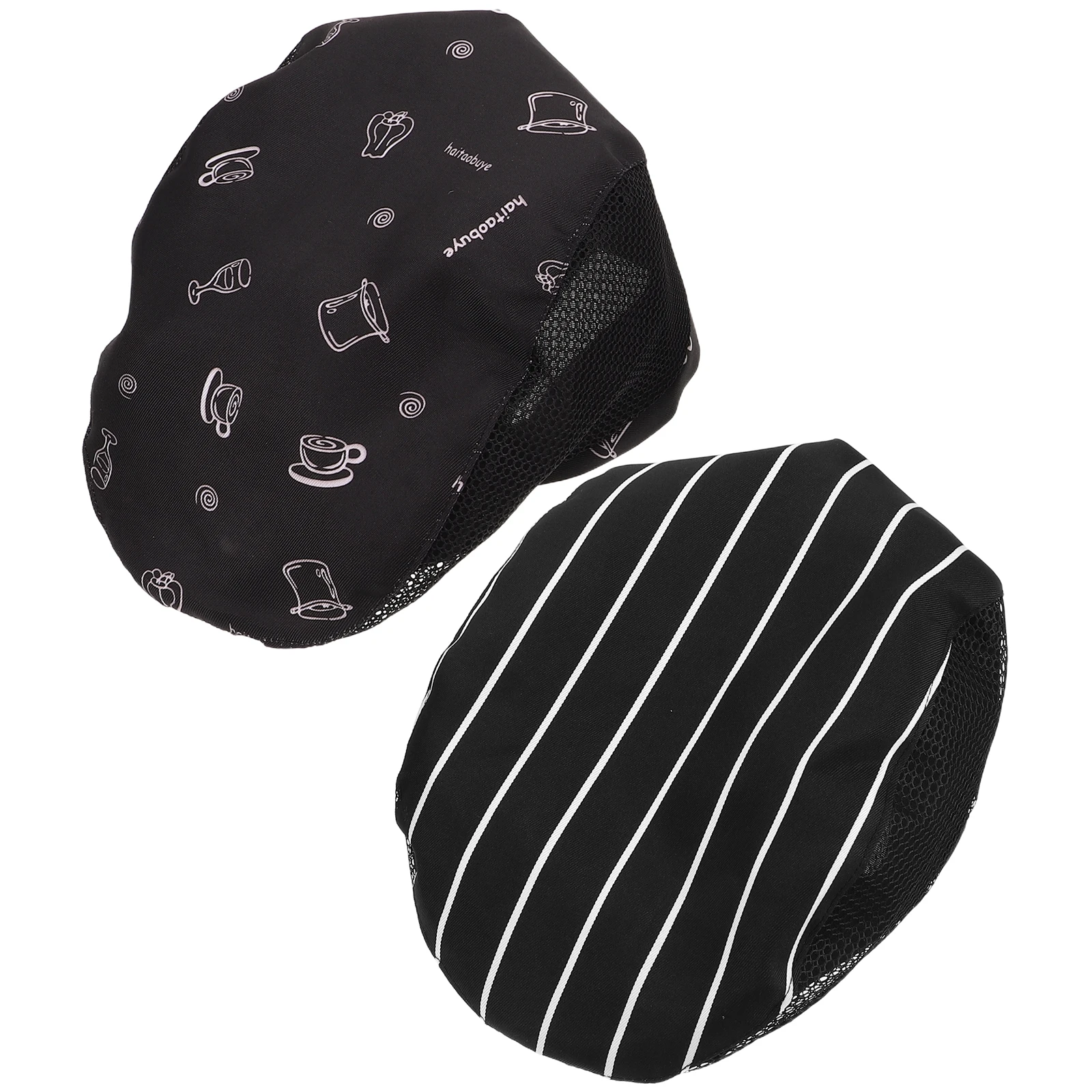 

2Pcs Breathable Food Service Hats Hat Kitchen Cap Mesh Hats Adult Unisex Cotton Work Black White Striped Food Service