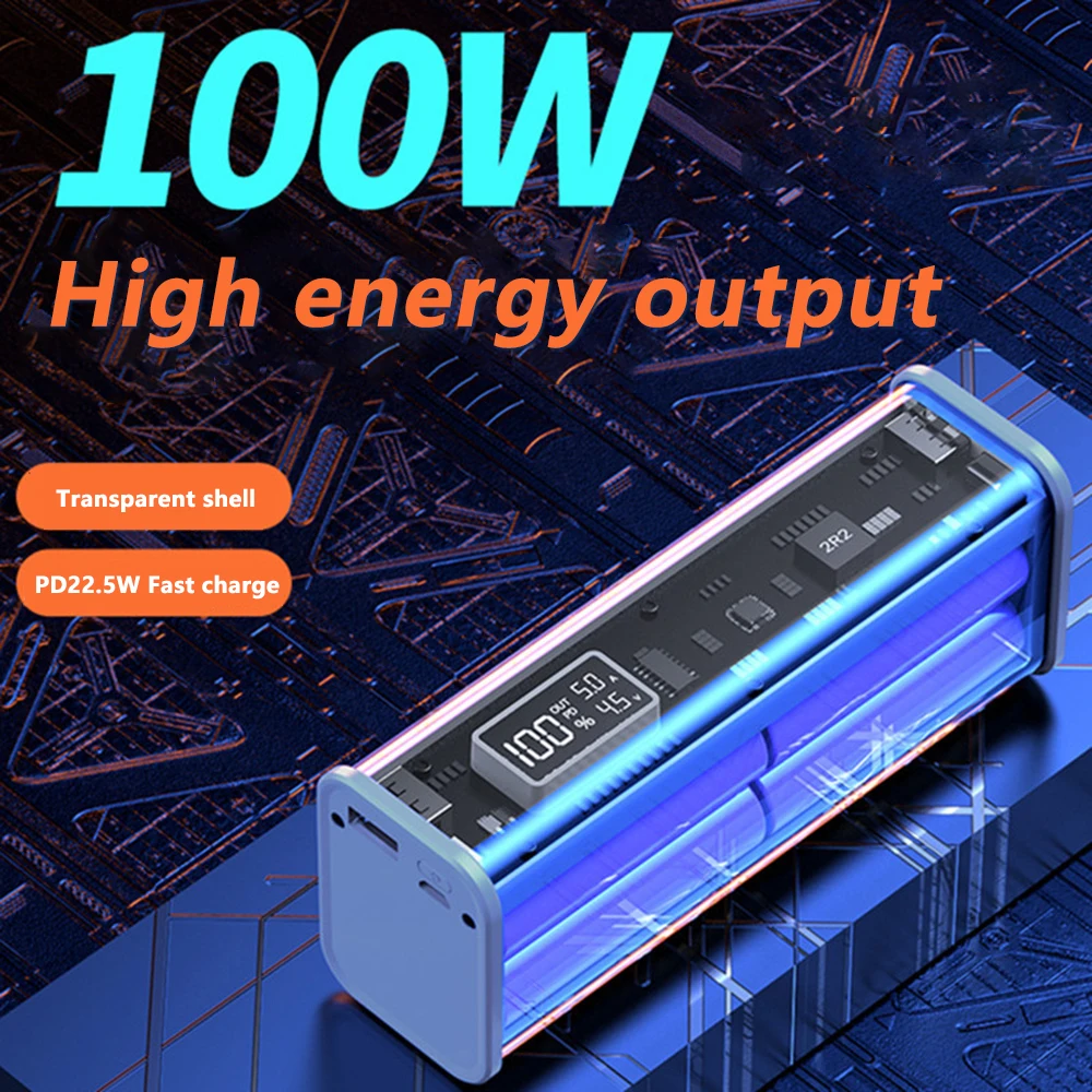 18650 Battery Case DIY Mobile Power Transparent Technological Style PD 22.5W Fast Charging power Shell No Soldering