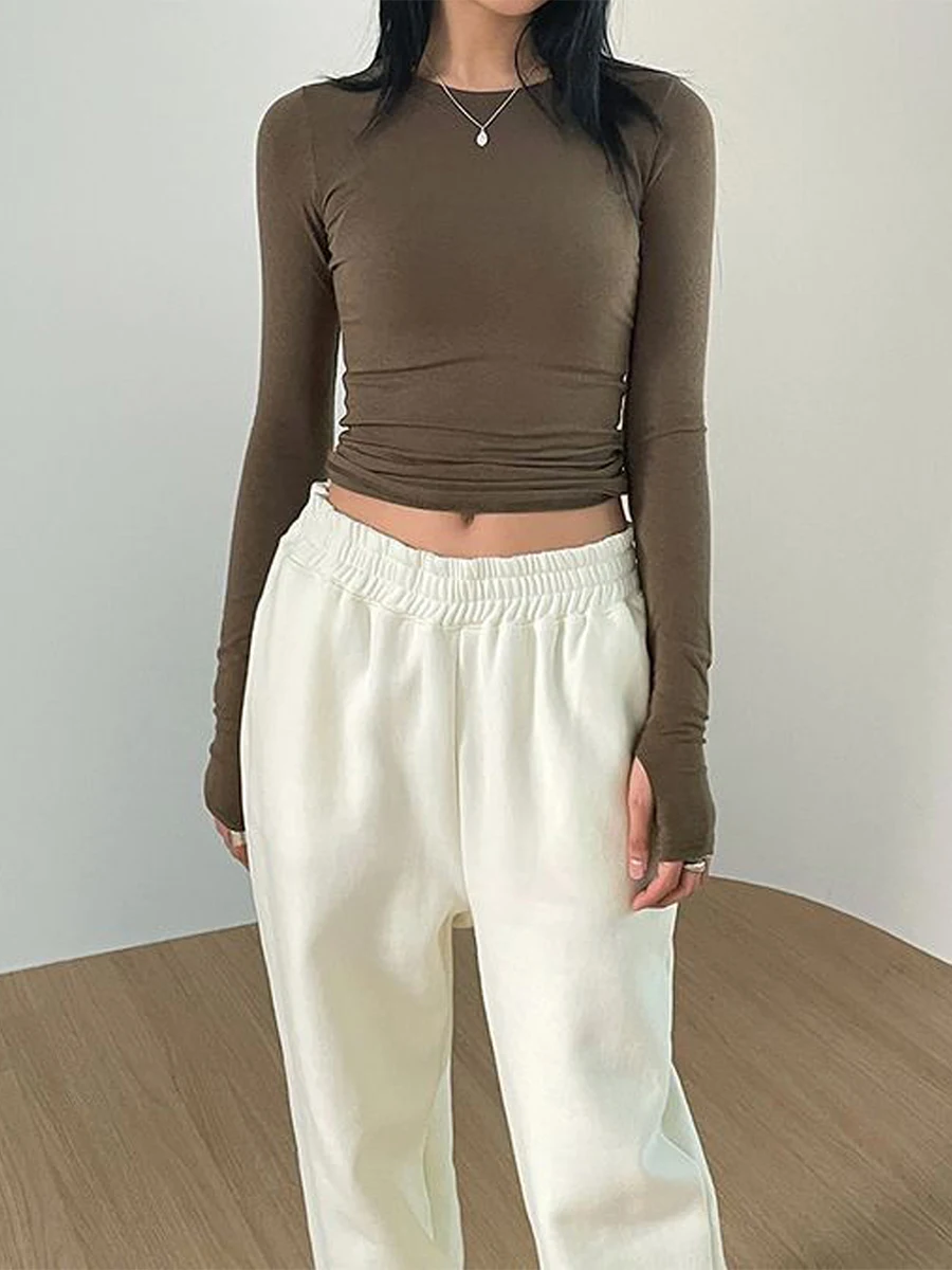 Frauen Casual Daumen Loch Hemd Trendy Fit Langarm Rundhals Tops Sommer Einfarbig T