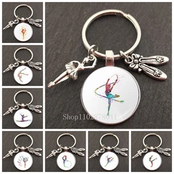 Fashion Jewelry Glass Pendant Metal Keychain Beautiful Paintings Artistic Gymnastics Dance