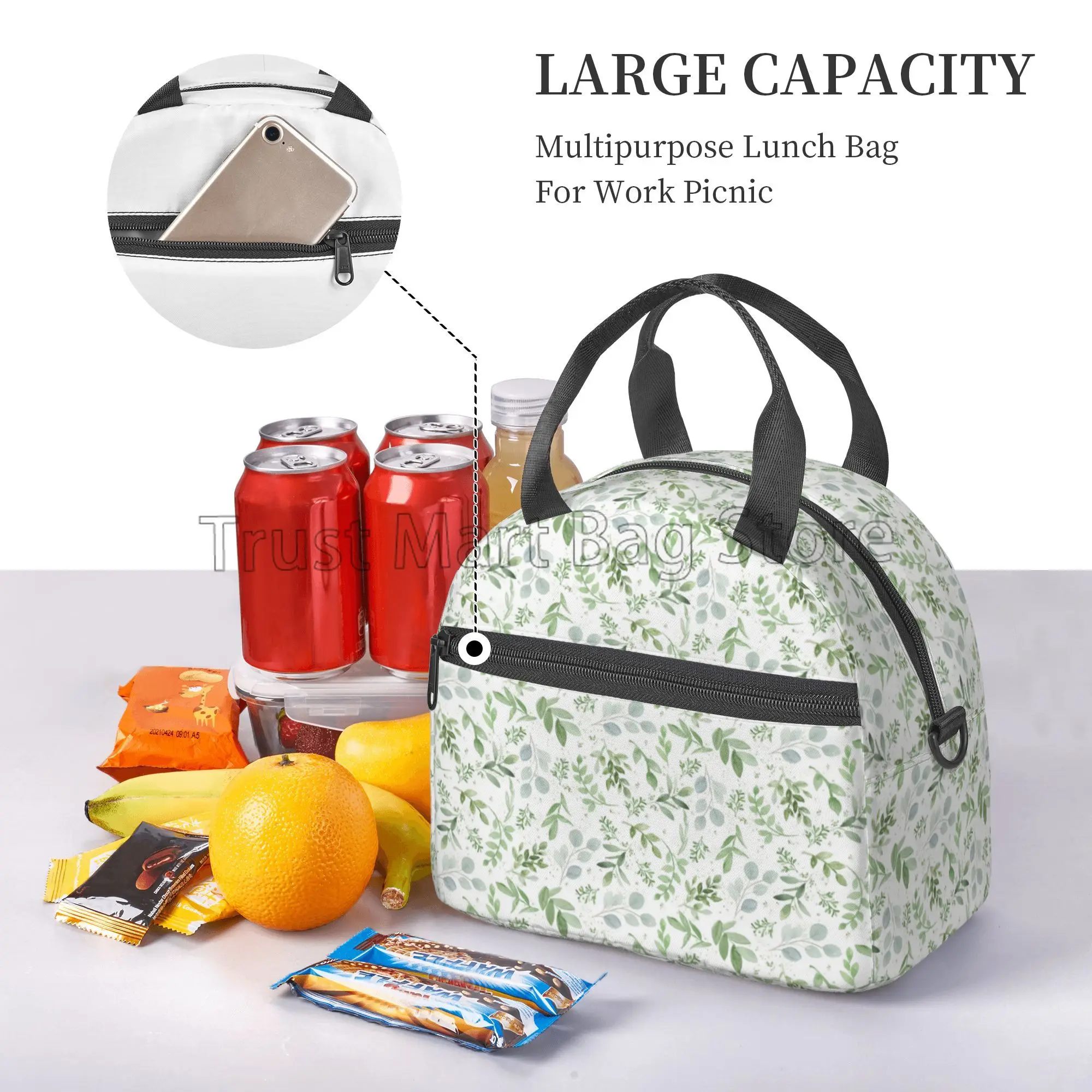 Sage Insulated Lunch Bag for Women Green Leaf Reusable Waterproof Lunch Box Cooler Thermal Tote with Adjustable Shoulder Strap