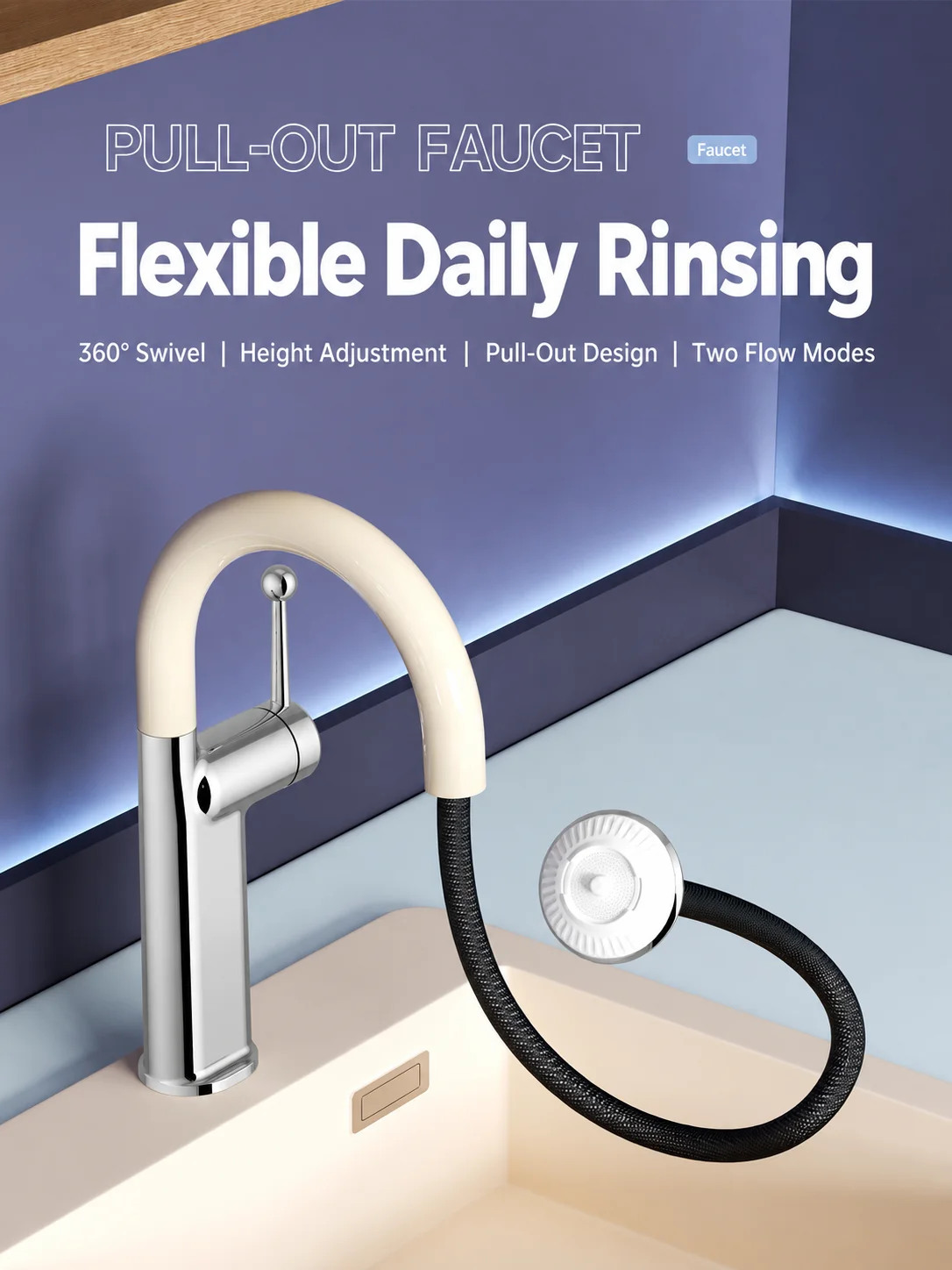 Height Adjustable Bathroom Faucet Pull Out 360° Swivel Hot Cold Basin Mixer Tap Single Handle Vanity Sink Faucet