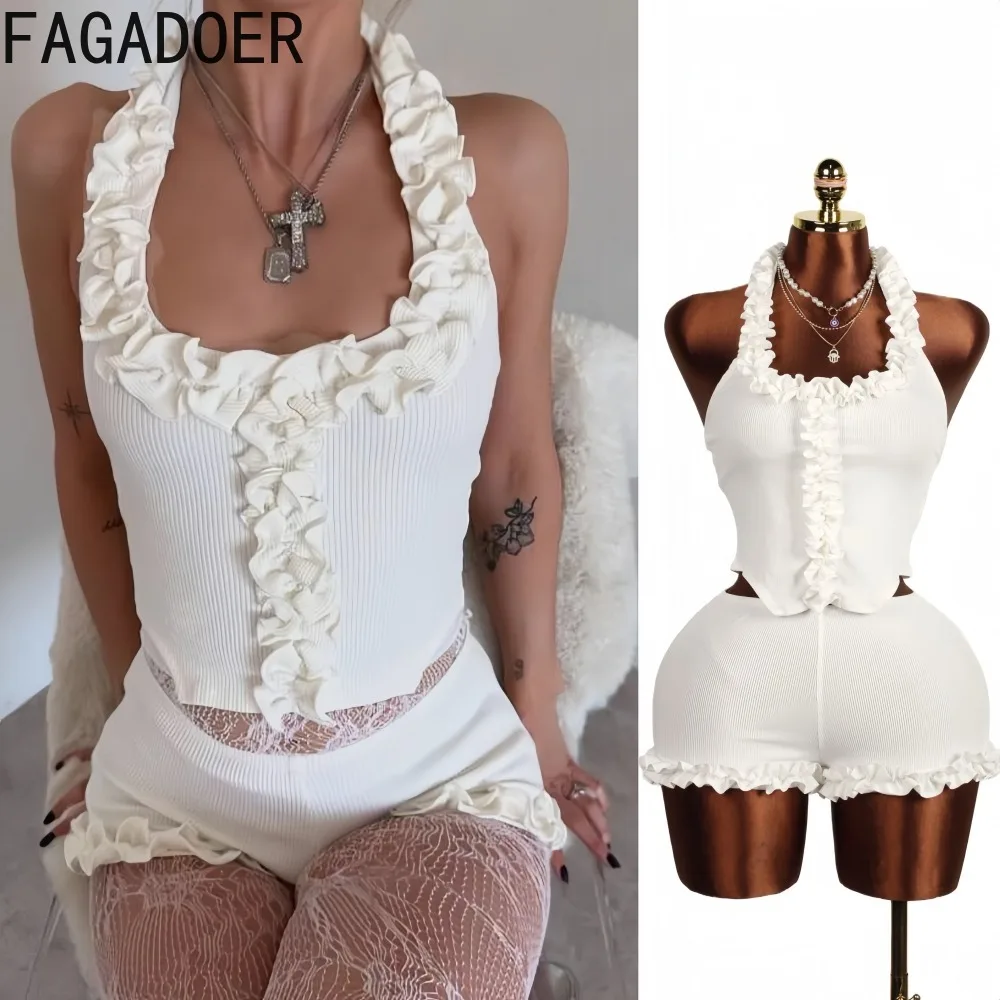 FAGADOER Sexy Ribbed Two Piece Outfits Woman Halter Backless Ruched Patchwork Crop Top and Shorts Matching Female Streetwear New
