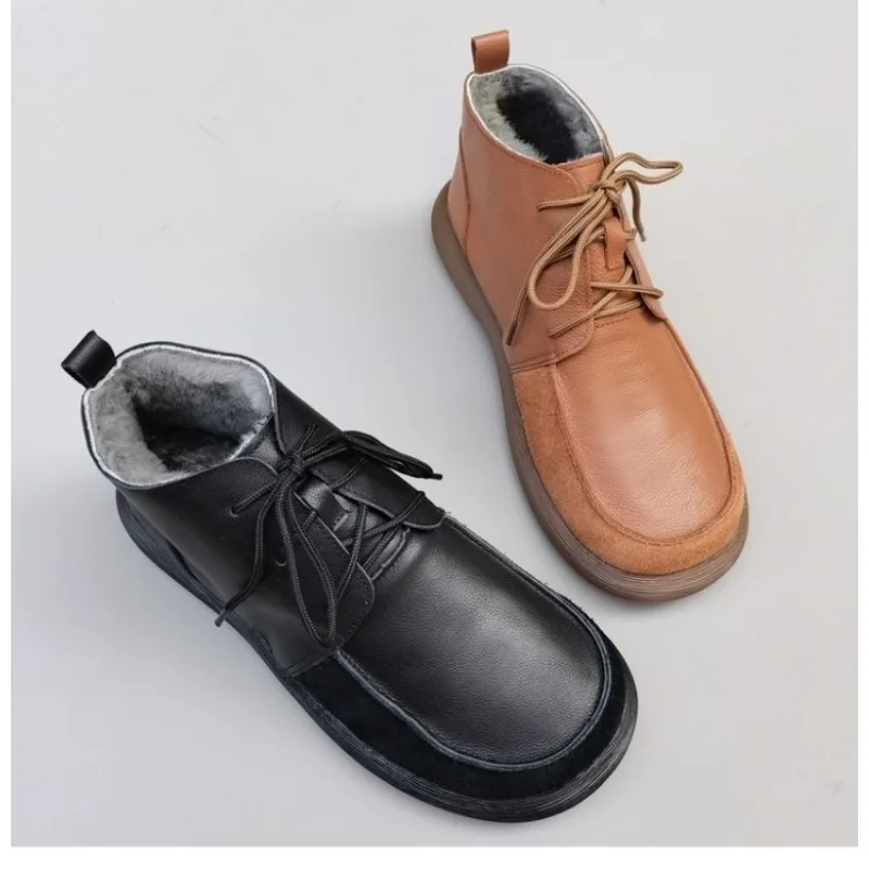 Winter Boots Sheepskin Fur Women\'s Wide Toe Men\'s Shoes Genuine Leather Natural Wool High-top Non-slip size 43 Snow Short Boots
