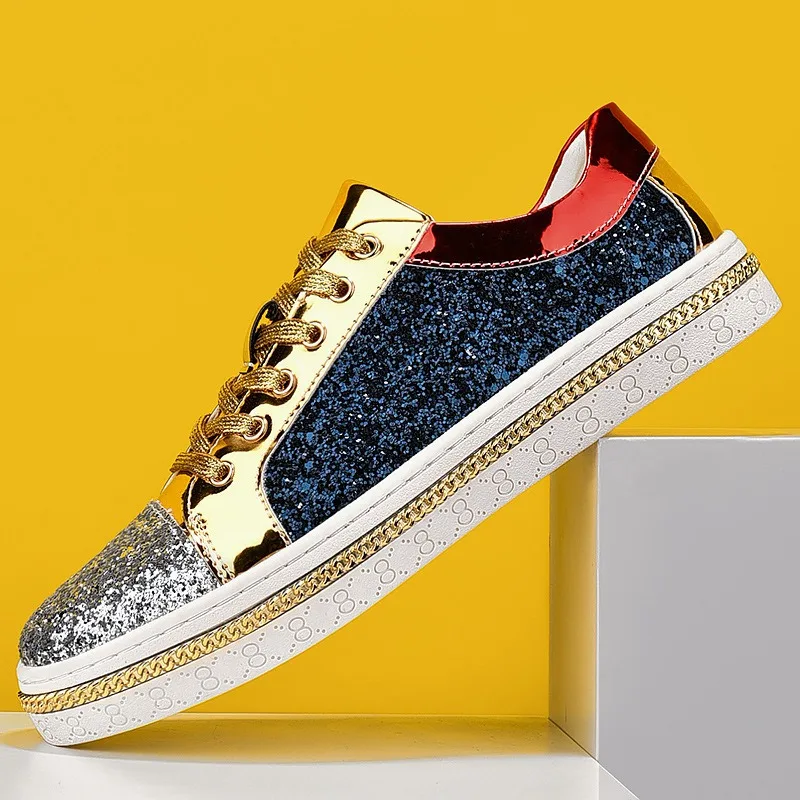 

Блестящие дизайнерские туфли, повседневные мужские кроссовки, роскошные лакированные туфли с блестками и блестками для мужчин, скейтборд