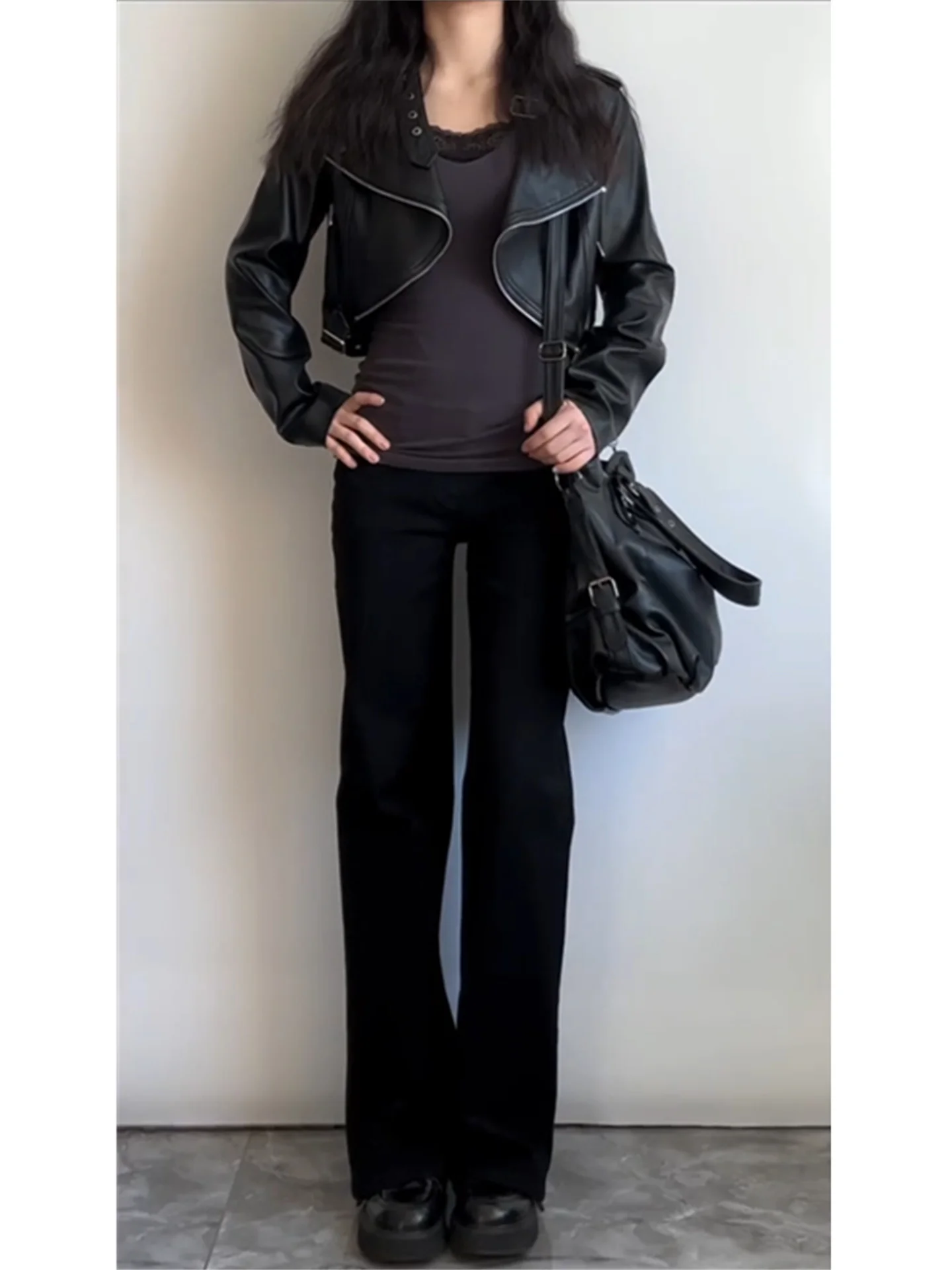 

American Style Vintage Black Slim Fit Low Waist Straight Leg Jeans Women's Spring Autumn Slimming Wide Leg Floor-Length Pants
