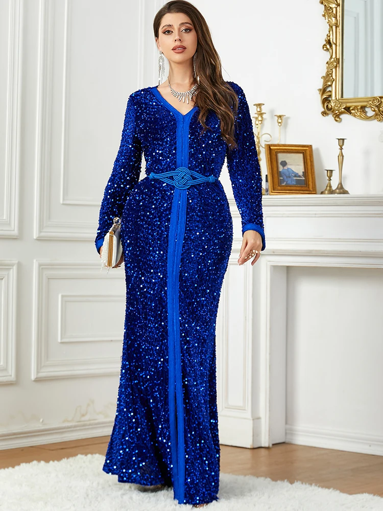 Ramadan Abaya Kaftan for Women Velvet Sequins Arabic Evening Dresses Muslim Dubai Gowns Moroccan Kaftan Eid Party Long Dress