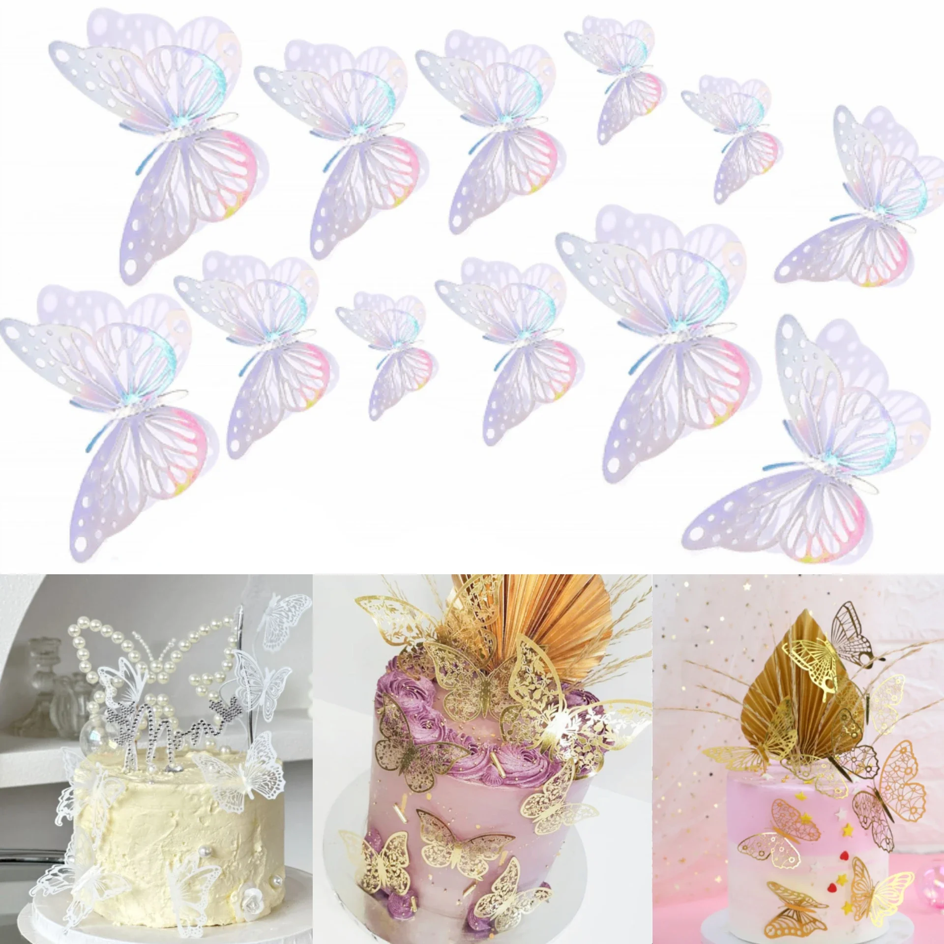 12Pcs Artificial Butterfly Happy Birthday Cake Topper Gold 3D Butterflies Cupcake Top for Wedding Party Baking Dessert Decor