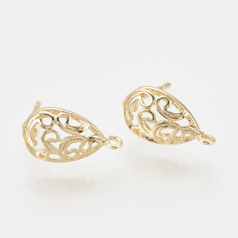 4pcs Brass Ear Stud Findings with Loop Teardrop Nickel Free Real 18K Gold Plated 13x7.5mm Hole: 1mm Pin: 0.8mm