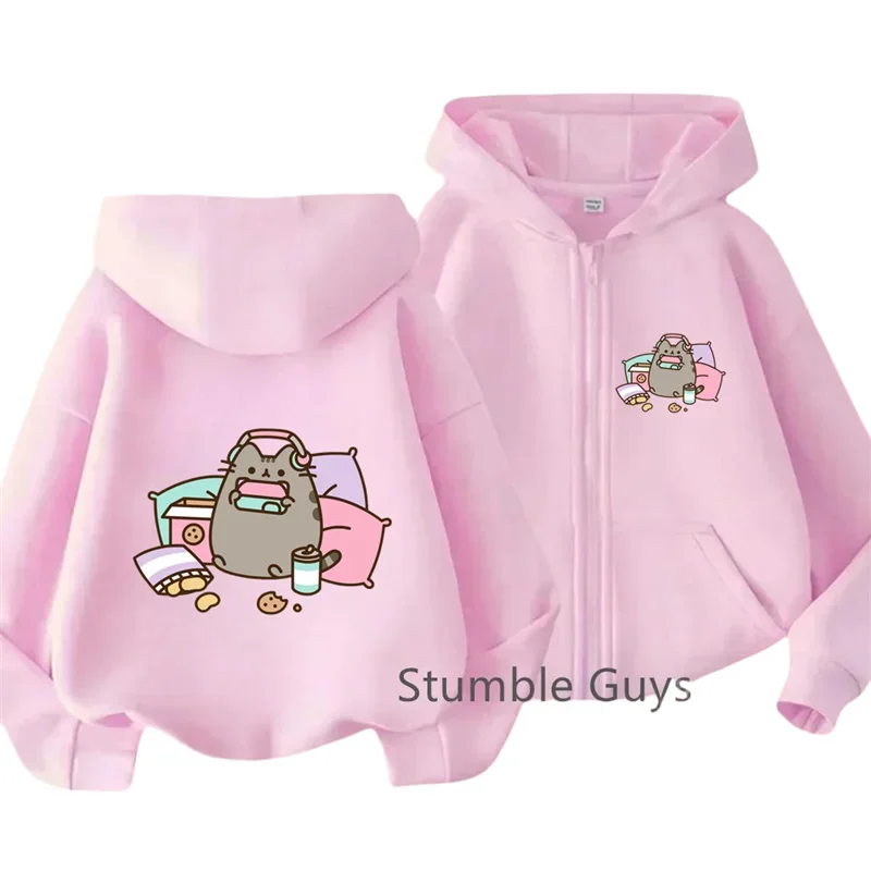 Cozy Pusheen Cat With Headphones Snacks Front Back Zip Up Hoodie For Kids Long Sleeve Lovely Cartoon Casual Outerwear Jacket