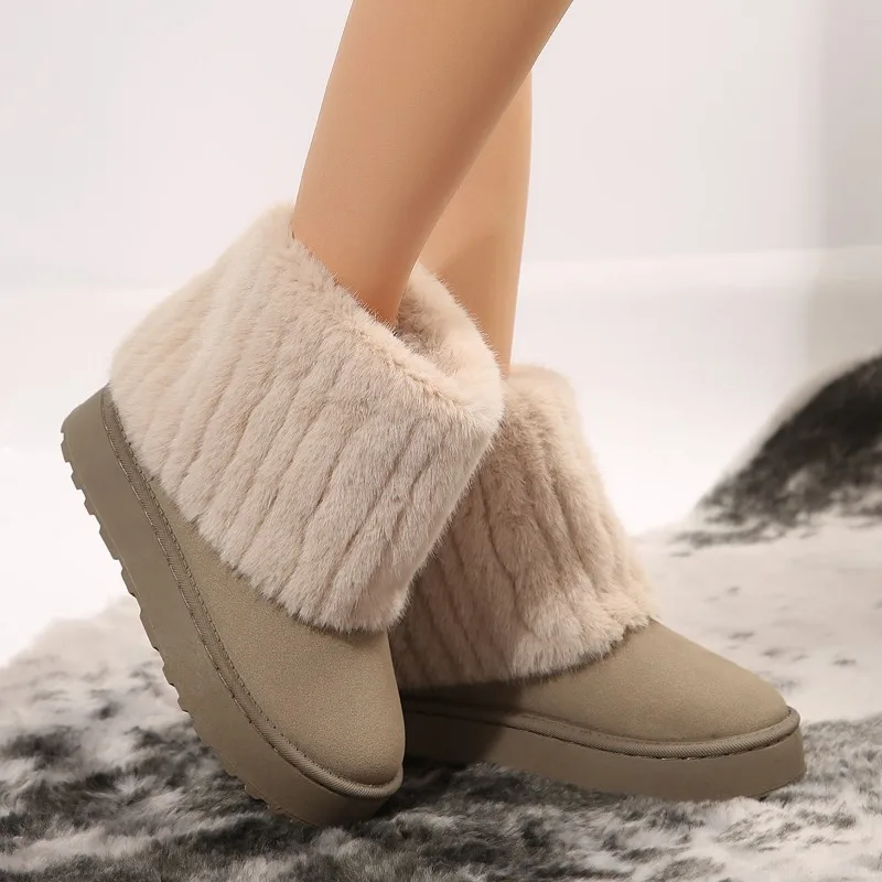 Shoes for Women New Slip on Women's Boots Winter Round Toe Solid Flock Plush Warm Mid Heel Water Proof Casual Snow Boots36-44