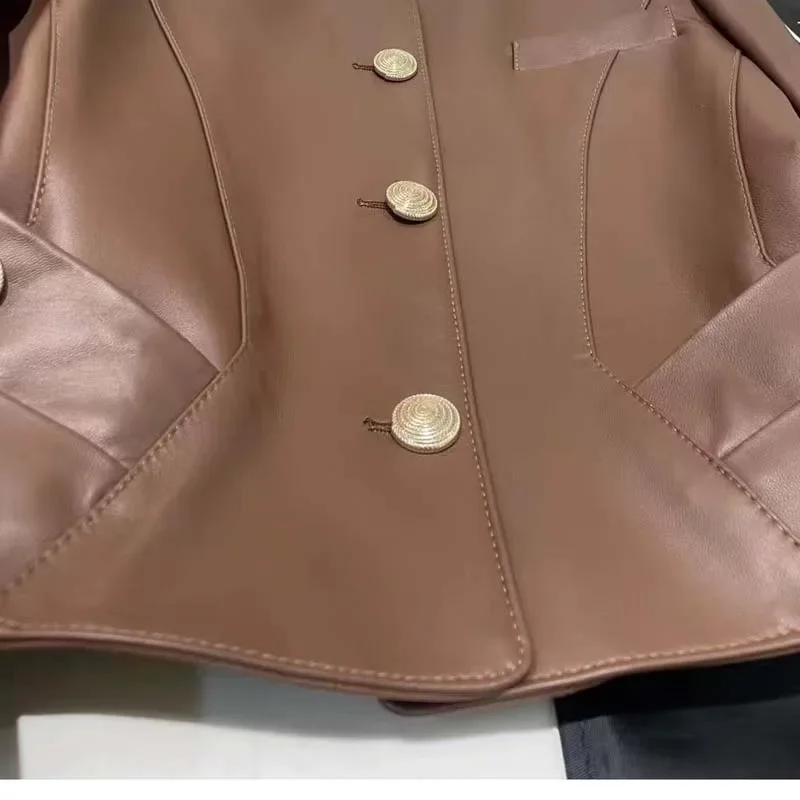 Veste en cuir véritable à col rond pour femme, vêtements à boutonnage simple, décoration de poche, manteau de printemps et d'automne, haute qualité