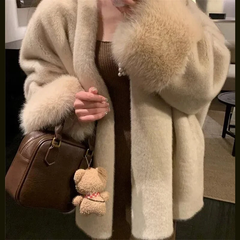 Elegant Women Open Front Faux Mink Fur Coat V‑neck Oversized Loose Fluffy Plush Jacket Wide Cuff Warm Casual Furry Outerwear - view 5