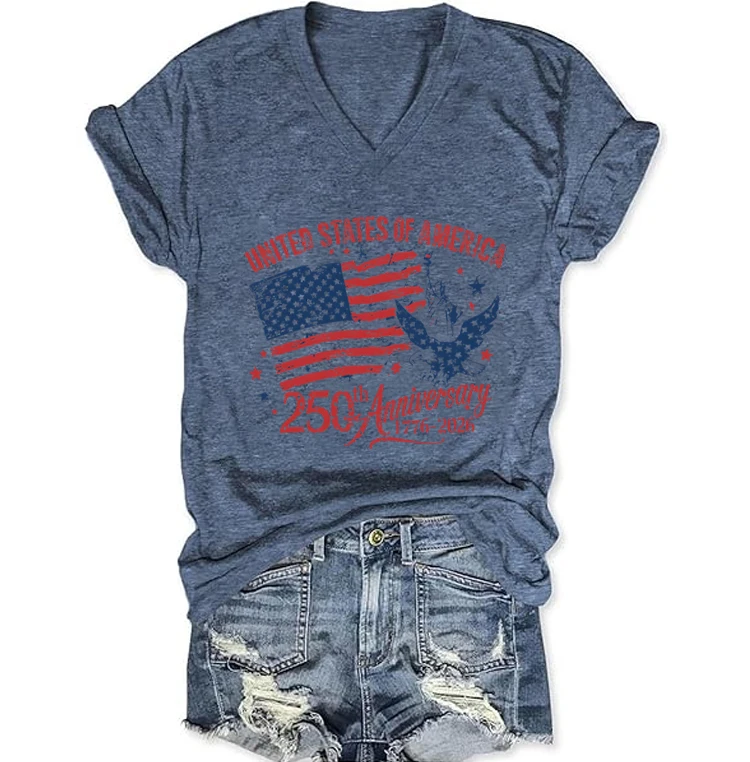 4th of July V-neck T-Shirt Women Clothing 250th Anniversary Graphic T Shirt 1776-2026 250th Birthday Tops Shirts