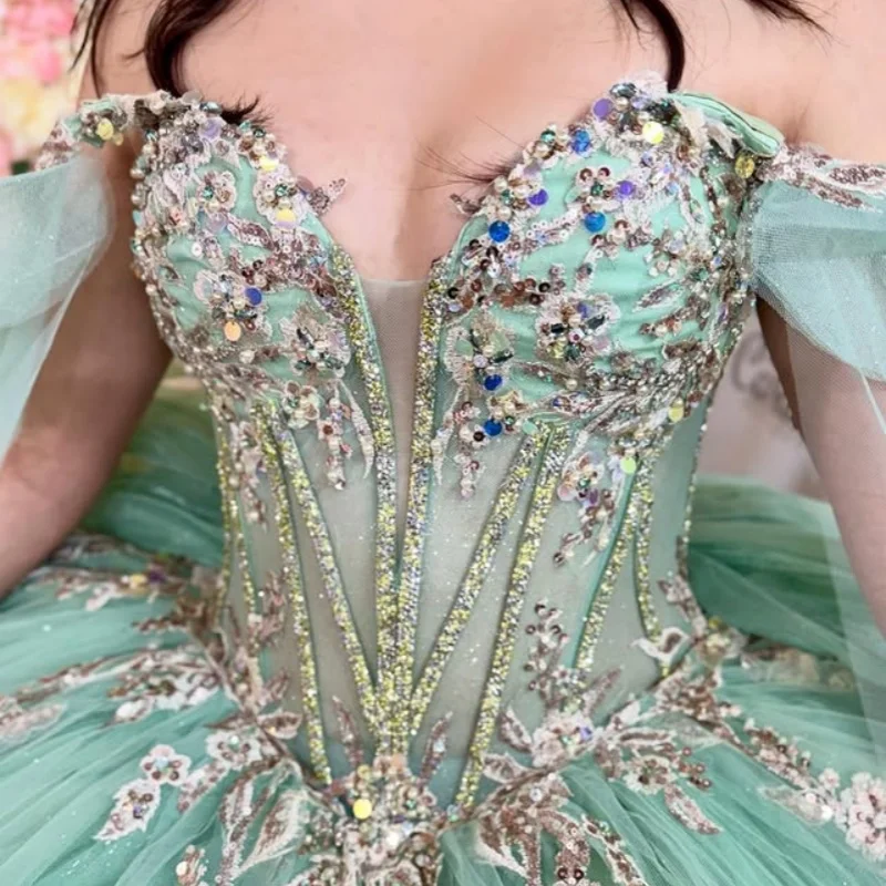 

mint green Quinceanera Dress off-shoulder Lace layering glitter flower decal Long tail vestidos de 15 Quinceanera ﻿Customize