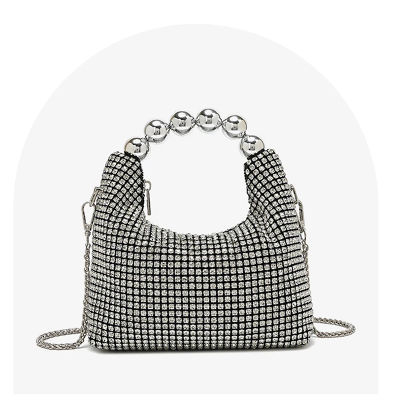 

Женская новая модная круглая сумка с бусинами, роскошная сумка через плечо с цепочкой, сумка через плечо с блестящими водными бриллиантами, сумка для банкета